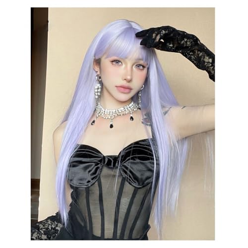ZEAKFNRC Colorful wig air bangs long straight hair Sky Blue