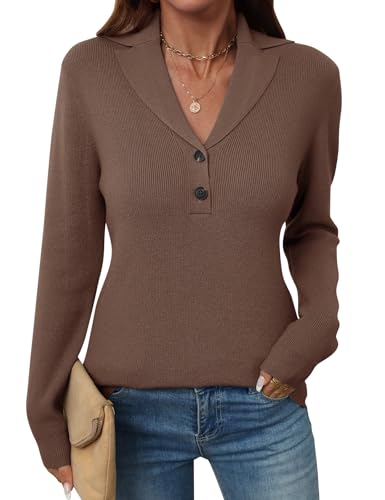 Image of LOMON Sweaters for Women 2025 Fall Knitted V-Neck Collared Button Pullover Dressy Casual Long Sleeve Polo Shirts Business