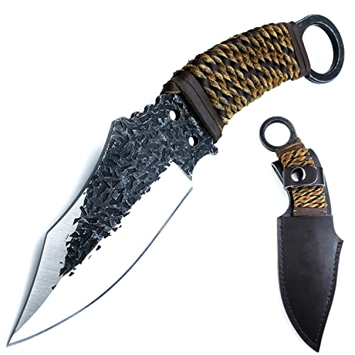 Holyedge 8.6" High-Carbon Steel Fixed Blade Knife With Hand Woven Leather Rope Handle - Best Camping,Hunting Tactical Survival Knife W/Sheath #TOP3