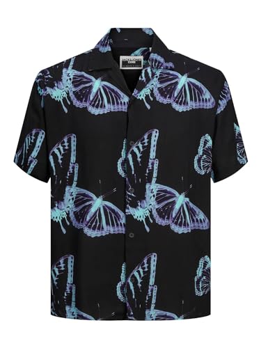 JACK & JONES Jcojeff Resort Shirt SS Relax Camisa de Manga Corta, Negro/AOP: Butterfly AOP, M para Hombre