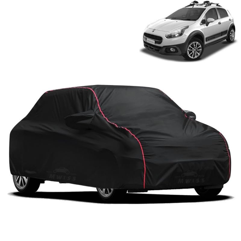 Image of Waterproof Car Cover for Fiat Aventura | All-Weather Protection, Dustproof & UV Resistant | Triple Stitched Mirror Pockets, Windproof Buckle Strap with Elastic Hem, Black-Red Piping