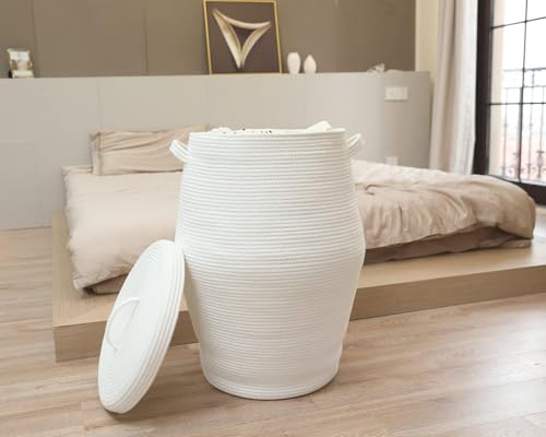 Image of Large Basket Natural Cotton Rope Storage Basket and Hamper for Cloths and Multi Usage in Living Room, Bedroom, Laundry Room (Size - 15 inch x 15 inch x 18 inch) (White With Lid)