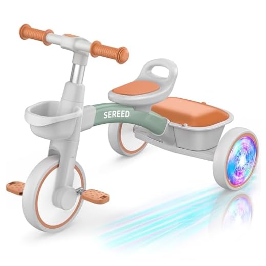 SEREED Colorful Lighting Toddler Tricycle for 2-5 Years Old Boys Girls, Adjustable Seat&Handlebar Trike, Removable Basket, Birthday Gift Idea for Kids Ages 2+ (Green)