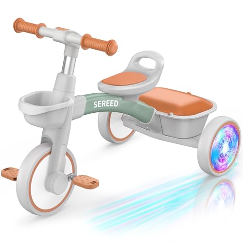 SEREED Colorful Lighting Toddler Tricycle for 2-5 Years Old Boys Girls, Adjustable Seat&Handlebar Trike, Removable Basket, Birthday Gift Idea for Kids Ages 2+ (Green) by SEREED - Used condition - US$54.35