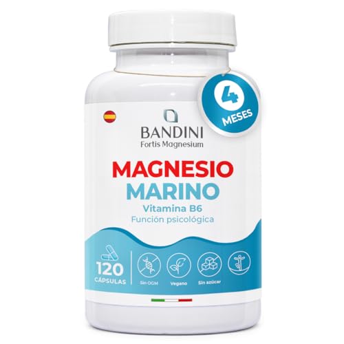Bandini® Magnesio Marino con Vitamina B6 120 Cápsulas (4 meses), Alivio Calambres Cansancio Fatiga, Potente Suplemento Articulaciones Huesos Piel Energía Deportistas, Magnesium y B6 100% Vegano