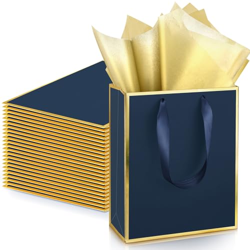 Image of Yeaqee 24 Pack Metallic Paper Gift Bag with Tissue, Navy Blue, Gold | with Satin Ribbon Handle and Tissue, 9x7x3.1 Inch, Suit Business, Birthday, Christmas, Thank You Return Gifts Bags