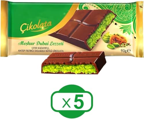 Dubai Chocolate - Milk Chocolate With Pistachio, 93 gram x 5 count Total 16.4 oz