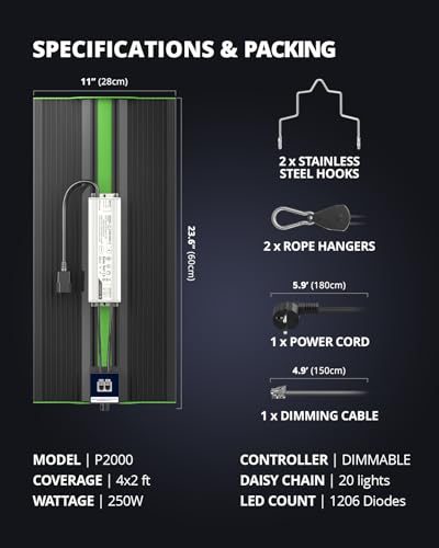 VIPARSPECTRA P2000 250w Grow Lampe,Pflanzenlampe Led Vollspektrum,Pflanzenlampen LED Grow Light mit Daisy-Chain 6 Levels Dimmen 0-100% Für Heimgrow Von Anzucht zur Blüte für Growzelt 120x60cm 120x90cm