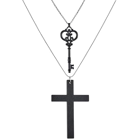 Chunky Cross Necklace for Women Gothic Key Pendent Neckalce Punk Goth Bead Cross Ch...