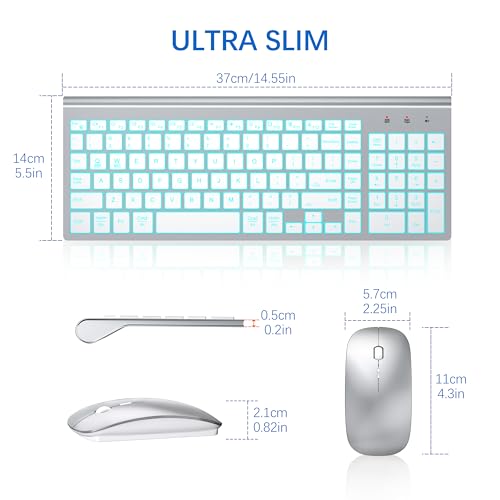 Image of Wireless Backlit Keyboard and Mouse Ultra Slim Combo, TopMate 2.4G Silent Compact 2400DPI Mouse and Scissor Switch Keyboard Set, Batteries Included, for PC /Laptop /Windows /Mac /Gaming - BL Silver White