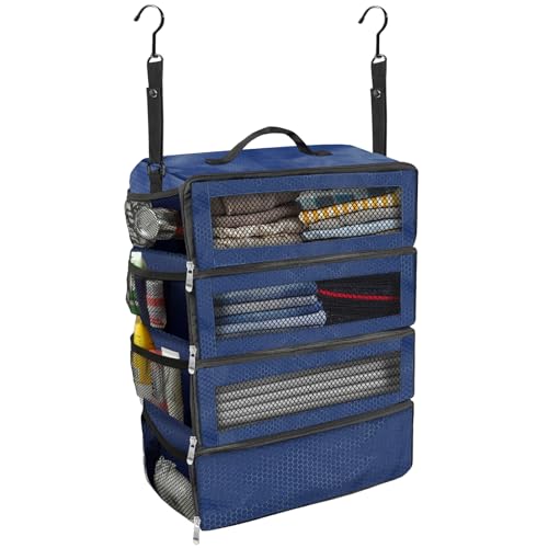 Olosar Organiseur de valise, organiseur de bagages de voyage portable à suspendre, étagères de voyage pliables à suspendre pour valise à main, bleu...