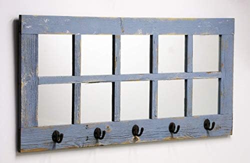 Long Window Pane Mirror with Decorative Coat Hooks, (36.5 X 18 Inches) 10 Pane Frame Rustic, Farmhouse Entryway Wall Decor, Wooden Hallway Windows, French Country Kitchen Apron Rack. AllBarnWood