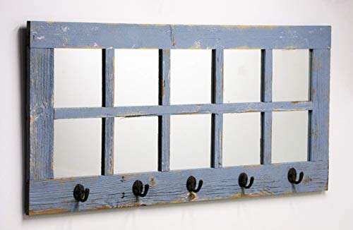 Long Window Pane Mirror With Decorative Coat Hooks, (36.5 X 18 Inches) 10 Pane Frame Rustic, Farmhouse Entryway Wall Decor, Wooden Hallway Windows, French Country Kitchen Apron Rack. Allbarnwood #TOP19