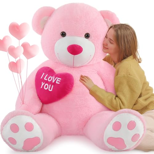 MorisMos 130cm Teddybär groß XXL mit Herz I Love You, Rosa riesen Teddys, großer Bär Kuscheltier XXL, Kinder Mädchen Freundin Frauen Mutter
