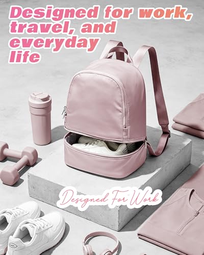 Image of Small Gym Backpack for Women, Office-to-Gym Casual Daypack with Shoe Compartment, Lightweight Water Resistant Small-Size Bag, Clean Fit Style Work Backpack for Daily Use, Pink