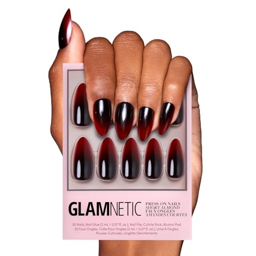 Glamnetic Press On Nails - Vampiress | Opaque Black to Jelly Red Ombre Medium Almond False Halloween Nails, Reusable Stick On Fake Nails with Glue | Salon Quality | 15 Sizes - 30 Nail Kit