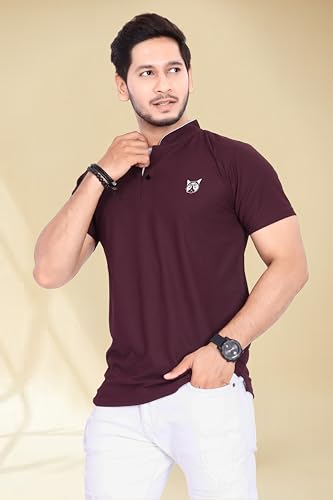 Image of BAGHADBILLO Men's and Boy's Polyster T-Shirt with Mandarin Collared Neck Half Sleeves Closuer Button and Regular Fit | Polo t Shirt for Man
