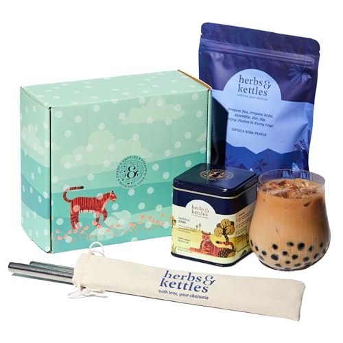 Image of Herbs & Kettles Masala Chai Boba Kit | Assam Black Tea with Ginger, Cardamom, Cinnamon, Cloves & Black Pepper + Chewy Tapioca Pearls | DIY Bubble Tea Kit with Reusable Straws & Easy Instructions
