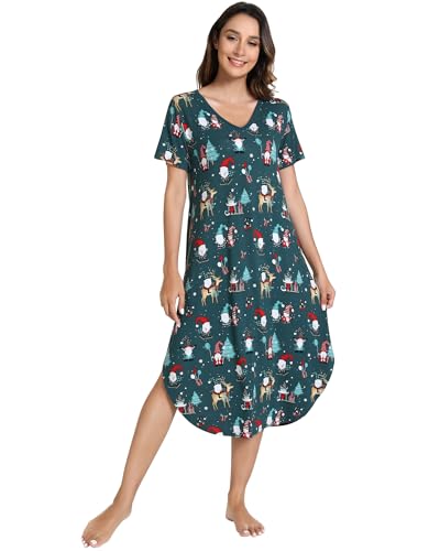 Image of NACHILA Nightgowns for Women-Viscose Made from Bamboo, V Neck Sleepshirts Short Sleeve Sleepwear Cool Nightshirt