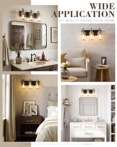 Image of Beionxii 3-Light Bathroom Light Fixtures, Blac and Gold Vanity Lights with Clear Glass Shades, Vanity Lights Over Mirror, Wall Sconces for Kitchen Living Room Hallway Cabinet Porch, BX-VL01BKG-3CG