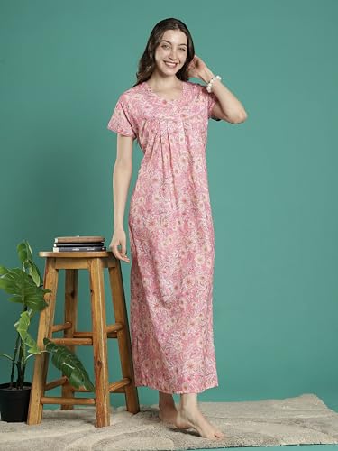 Image of 9shines Label Stylish Chikankari Cotton Nighty Maxi for Women | Full Length Nightgown | Nightdress with Pocket | Embroidery Nighty | Soft Comfortable Cotton Nightwear (1545)