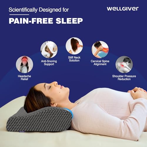 Image of WELLGIVER Cooling Gel Memory Foam Cervical Neck Pillow | 2 Years Warranty | Pain Relief Sleep, Improves Posture Spinal Alignment, Neck Pain Relief |19 x 12 x 4 Inch| Black Jacquard Cover | Pack of 1