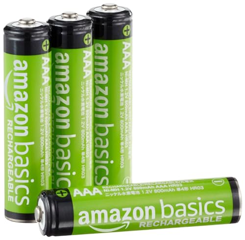 Amazon Basics 4-Pack Rechargeable AAA NiMH Batteries, 800 mAh, 1.2V, Low Self-Discharge, Pre-Charged, Recharge up to 1000x Times