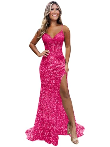 JKMMYO Hot Pink Long Prom Dresses 2026 Sparkly Sequin Tight V Neck Lace Applique Evening Ball Gowns for Women with Slit Size 8