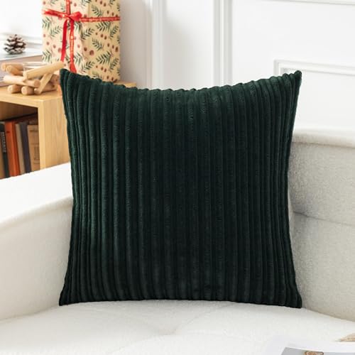 UGASA Velvet 24x24 Inch Soft Throw Pillow Cover Boho Farmhouse Decorative Striped Corduroy Both Sides Solid Square Cushion Case for Couch Bedroom Sofa Home, 1 Piece, Dark Green