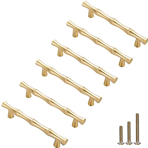 ESreake 6Pcs Bamboo Shape Solid Zinc Alloy Cabinet Knobs Handles, Dresser Drawer Cabinet Cupboard Closet Door Pulls Decorative Furniture Accessories KnobS (Length 4.9"/Hole Distance 3.8", Golden) by ESreake - Used condition - US$15.34