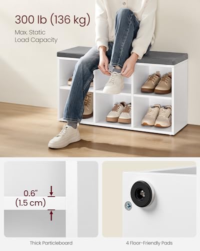 VASAGLE-Shoe-Bench-with-Cushion-Shoe-Storage-Bench-with-6-Compartments-and-3-Adjustable-Shelves-Entryway-Bench-with-Padded-Seat-for-Bedroom-Closet-Living-Room-White-ULHS23WT VASAGLE Shoe Bench with Cushion Shoe Storage Bench with 6 Compartments and 3 Adjustable Shelves Entryway Bench with Padded Seat for Bedroom Closet Living Room White ULHS23WT