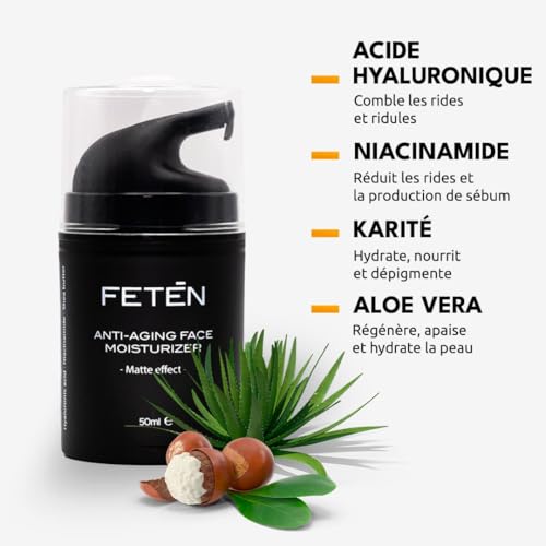 FETĒN Crème Hydratante Visage Homme, Crème à l'Aloe Vera, Soin Après-Soleil, Effet Anti-Âge, Apaise la Peau Après le Soleil, Soin Jour & Nuit, Matifiante, Anti-Imperfections (1 x 50 ml) – vue 3