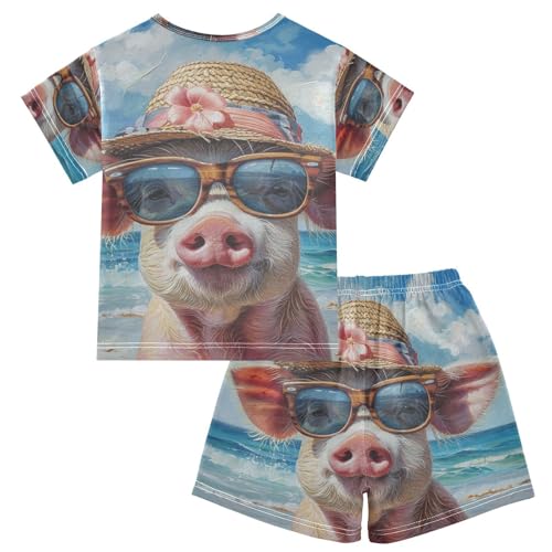 ALAZA Cool Pig on The Summer Beach Pajama Set Short Sleeve Sleepwear Soft Lounge Nightwear2
