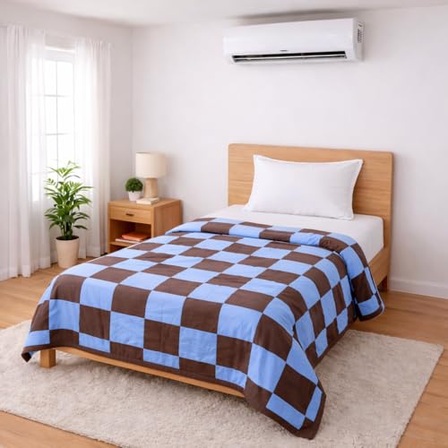 Image of Double Bed Dohar Blue Brown Checkered | Lightweight Summer Quilt | Soft Microfiber AC Blanket | Breathable All Season Comforter | Skin Friendly Bed Cover