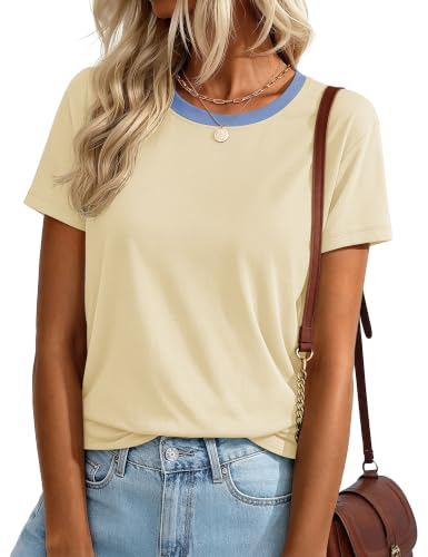 YUCOLEN T Shirts for Women Short Sleeve Cotton Tee Light Apricot Block S