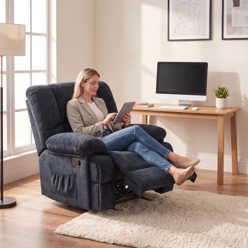 Image of Oversized Rocker Recliner Chair, Wide Rocker Chair with Adjustable Backrest Footrest, Lazy Boy Oversized Recliner for Adults, Reclining Sofa for Living Room, Reading, Bedroom, Blue Black