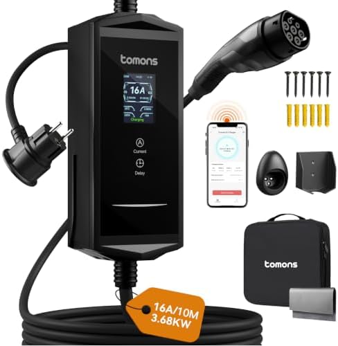 tomons Type 2 Ladekabel Schuko 3,68 kW,EV Ladegerät mit APP 10M 1-Phasig | Einstellbarer Ladeleistung&startzeit | Strom 6-16A einstellen| IP65 | 2,4" LCD | alle Typ-2 EV/PHEVs | in