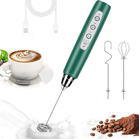BSRGMS Milk Frother Handheld for Coffee, Electric Whisk 3 Speed Adjustable, Drink Mixer with Stainless 3 Whisks, Rechargeable Hand Frother Wand, Foam Maker for Latte Cappuccino Hot Chocolate Egg Green Cover