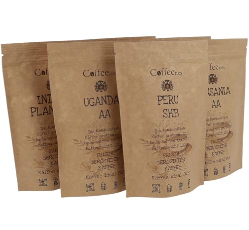 Coffeenes Kaffeebohnen Probierset Geschenkset mit Spezialitätenkaffee – Ganze Bohnen – 100% Arabica – Frisch Geröstet – aus Kolumbien, Peru, Brasilien, Indien, Uganda & Tansania – 6x100 g