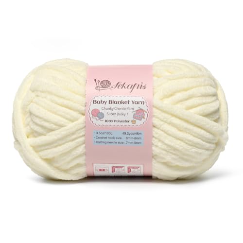 Image of 3.5 oz /49.2 yds Chunky Chenille Yarn for Crocheting, #7 Super Bulky Baby Blanket Yarn for Crocheting Soft, Fluffy Velvet Yarn for Knitting, Amigurumi Crochet Yarn for Crafts (Milky White)