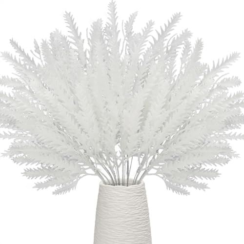 Image of Pack of 12 Glitter Leaves, 38CM Artificial Christmas Picks, Shiny Tree Decorations for Xmas Ornaments, Vase Fillers, DIY Wreath, Garland, Flower Arrangement (White)
