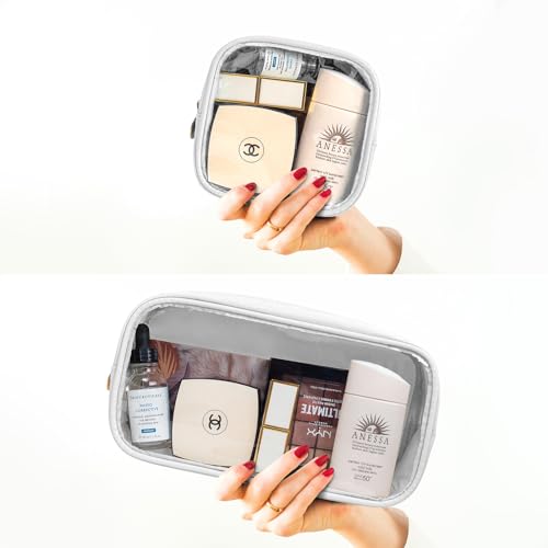 Image of LETGO 2Pcs Clear Makeup Bag Organizers Storage,Cute Cosmetic Bag Preppy TSA Approved Travel Size Toiletry Bag Makeup Organization Car Accessories Essentials for Women Girls (White Set)