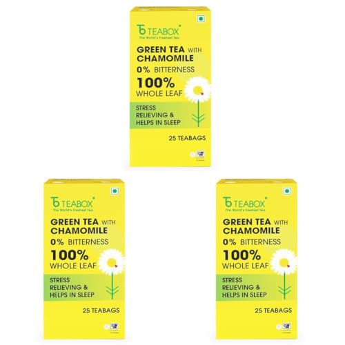 Image of Teabox Chamomile Green Tea 25 Tea Bags | With Egyptian Chamomile Flowers & Whole Leaf Green Tea | Calming Blend for Relaxation & Sleep | Low Caffeine, Fresh & Aromatic (Pack of 3)