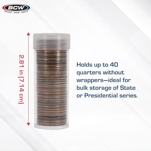 BCW Quarter Coin Storage Tubes - 10 Pack | Archival Quality Plastic Coin Holders, Screw-On Caps | Long-Term Coin Storage