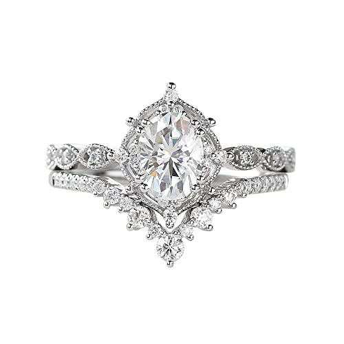 S925 10k 14k 18k Rose White Yellow Gold 1.5ct Oval Moissanite Engagement Rings for Women Bridal Set 2pcs Oval Vine Vintage Inspired V Shaped Wedding Band Anniversary Free Engraved