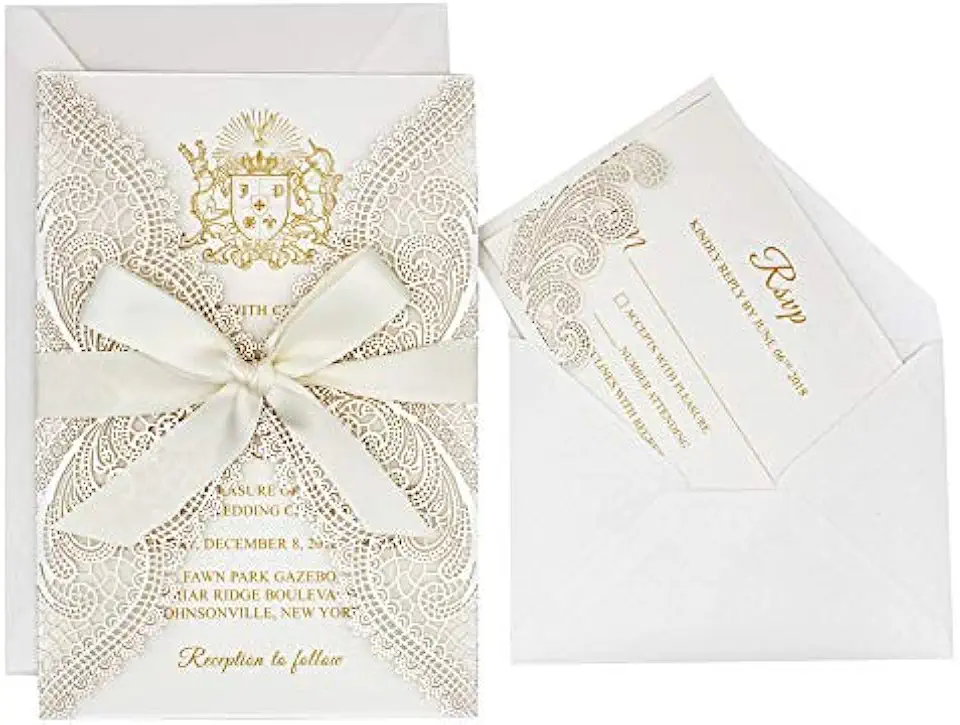 1 Set Sample Ivory Laser Cut Lace Wedding Invitations Wraps with Shimmer Insert and Ribbon Bow, RSVP Cards Included, Elegant Invite Cards for Wedding / Bridal Shower / Birthday Party (1 Set Sample)
