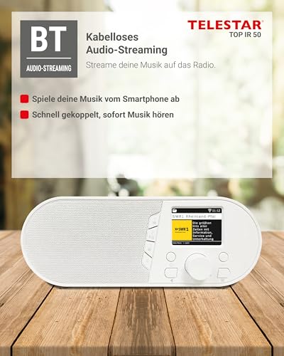 TELESTAR TOP IR 50 – Internetradio (Bluetooth Audio-Streaming, 7 W, USB-Aufnahmefunktion, Stationstasten am Gerät, Hotelmodus, Fernbedienung) – Weiß – Bild 7