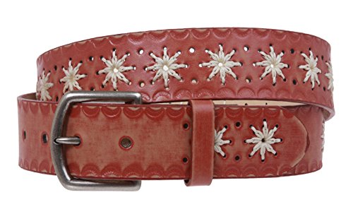 Snap on Flower Embossing Vintage Leather Belt, Red | L/XL - 40