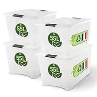 Iris Ohyama, Scatola di Raccoglimento in Plastica con Coperchio, 55L, Lotto di 4, Trasparente, Clip di Chiusura, Maniglia, Impilabile, Organizzazione Solida e Durevole, per Camera, Ufficio, BSB-55