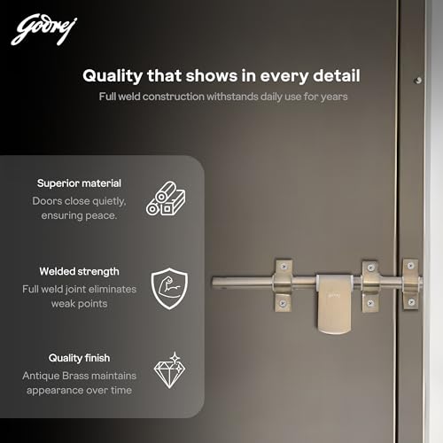 Image of Godrej Door Fittings | Baby Latch Aldrop for Main Door (8 inch, Antique Brass Finish) | Lock for Left or Right Handed Doors | Aldrops for Kids Room, Bathroom, Indoor Rooms | Size 200 x 12 mm